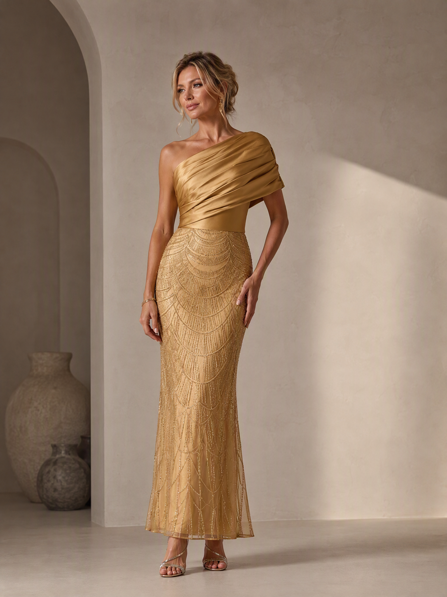 One-Shoulder Beaded Tulle And Satin Evening Gown