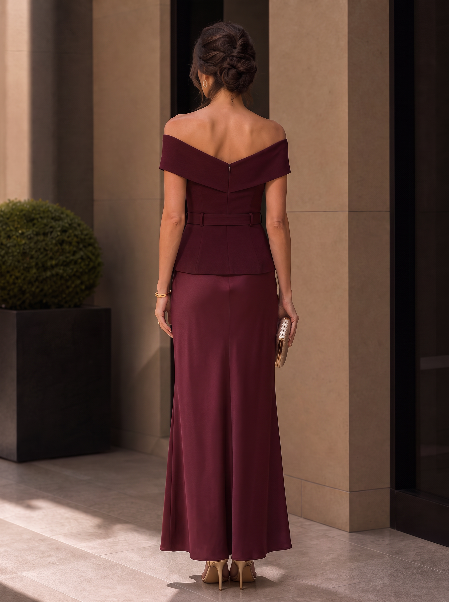 Off-Shoulder Satin Matching Peplum Top And Skirt Set