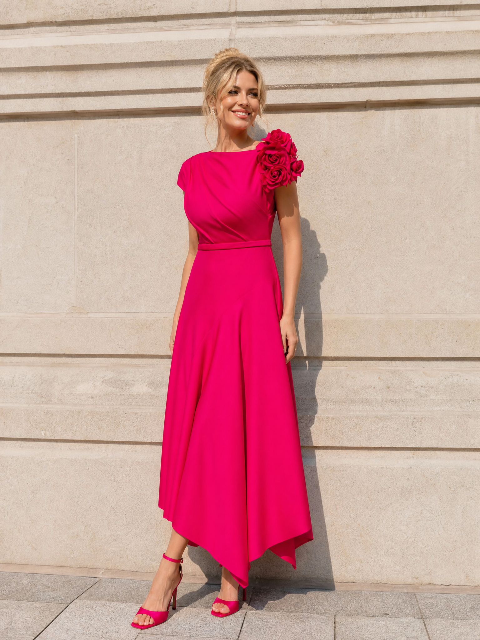 Fuchsia Asymmetric Satin Midi Dress With 3D Floral Applique