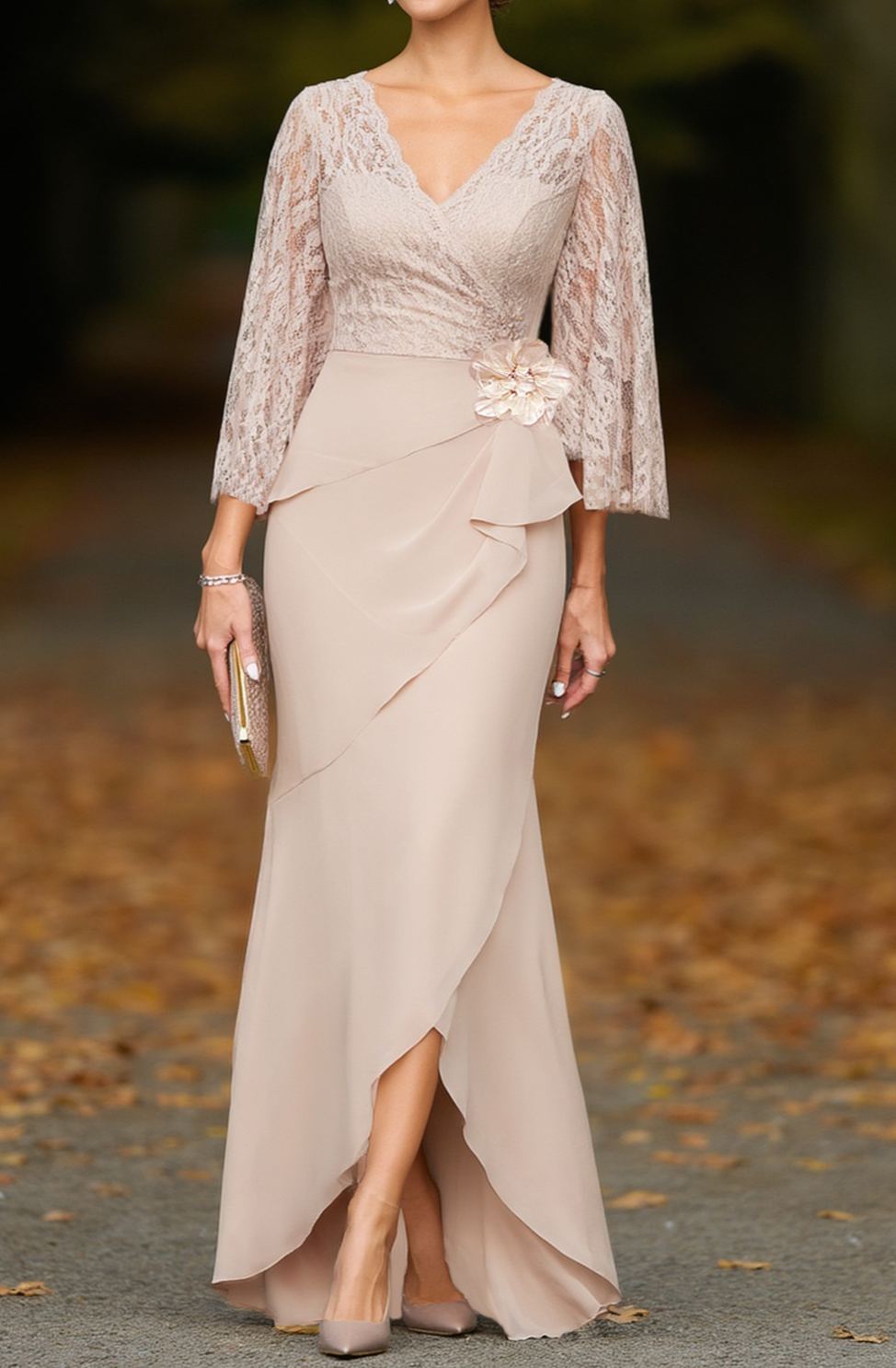Wedding Dress Apricot V Neck Lace Maxi Mother of the Bride Dress