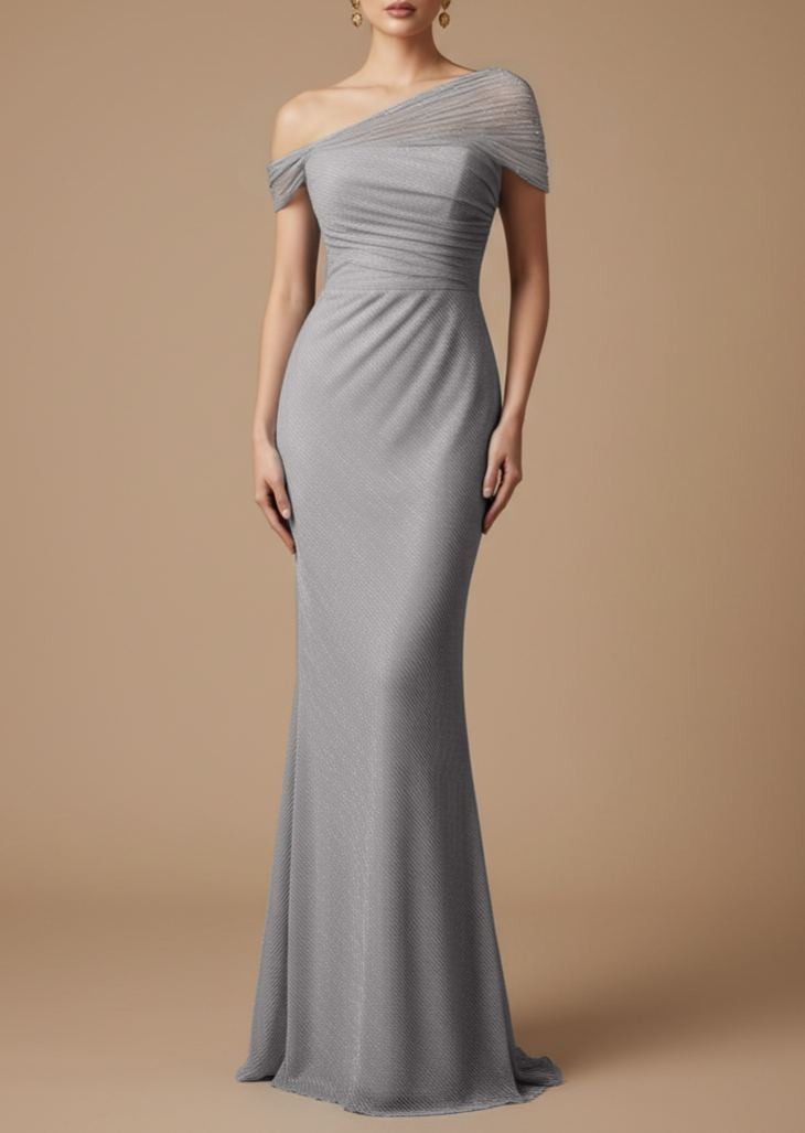 Evening Prom Light Blue Gown One Shoulder Glitter Ruched Maxi Dress