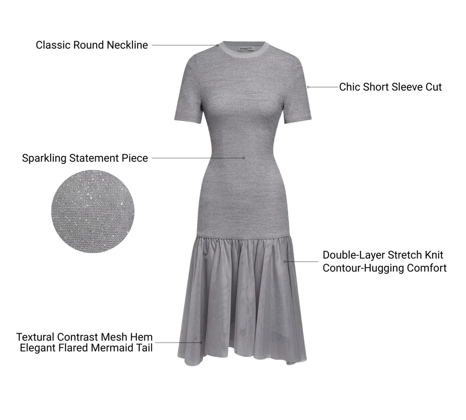 Gray Asymmetric Knit Cotton Crew Neck Half Sleeve Mermaid Midi Dress