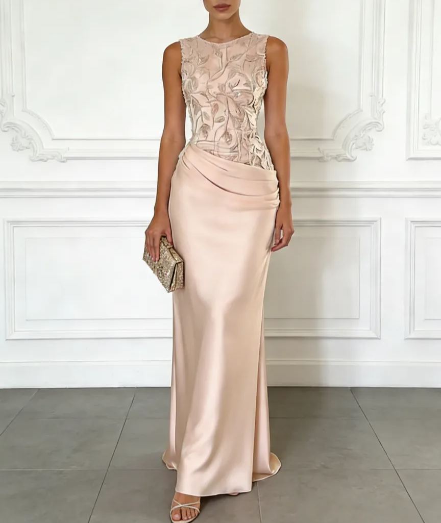 Light Pink Embroidery Satin Crew Neck Sleeveless Sheath Gown Dress