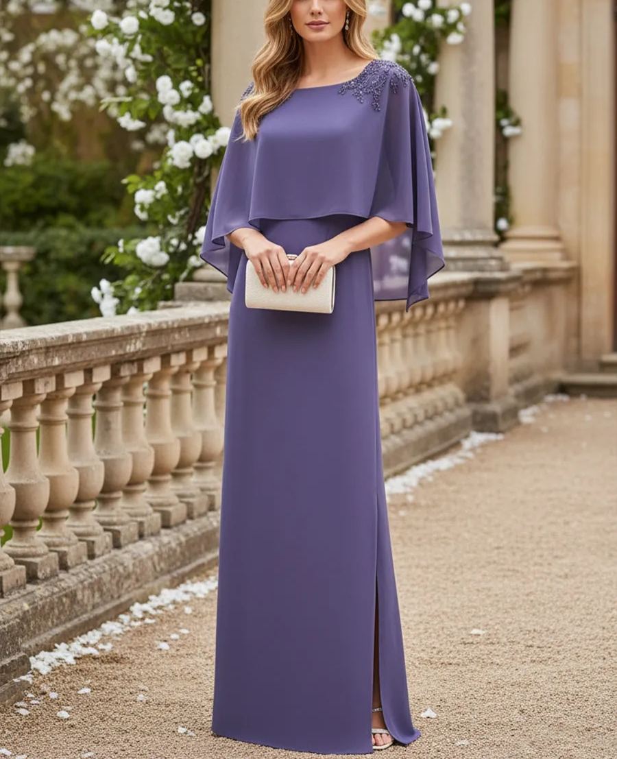 Sheath/Column Scoop Neck Floor-Length Mother of the Bride Dresses with Cape