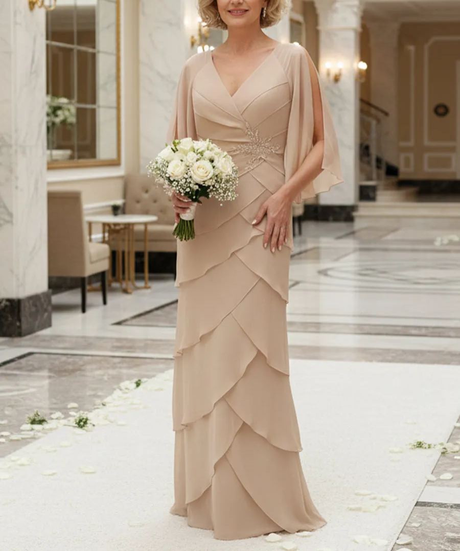 Sheath/Column V Neck Tiered Floor-Length Mother of the Bride Dresses with Lace Applique
