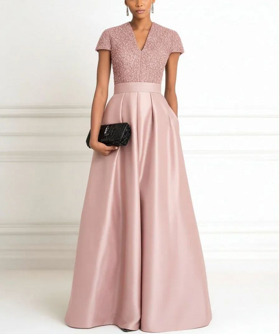 A Line V Neck Short Sleeve Sequined Elegant Mother of the Bride Dresses with Pleats
