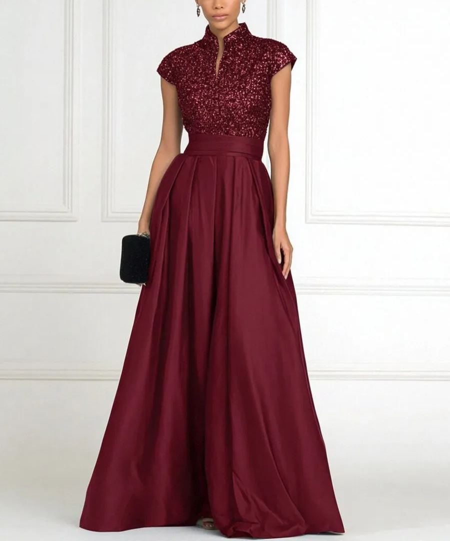 A Line/Princess Stand Collar Short Sleeve Long Elegant Mother of the Bride Dresses