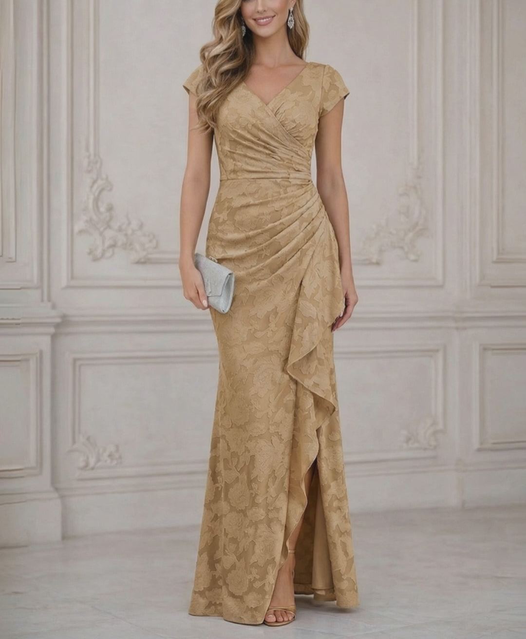 Mermaid Short Sleeve Floor Length Ruffled Mother of the Bride Dresses with Split Side