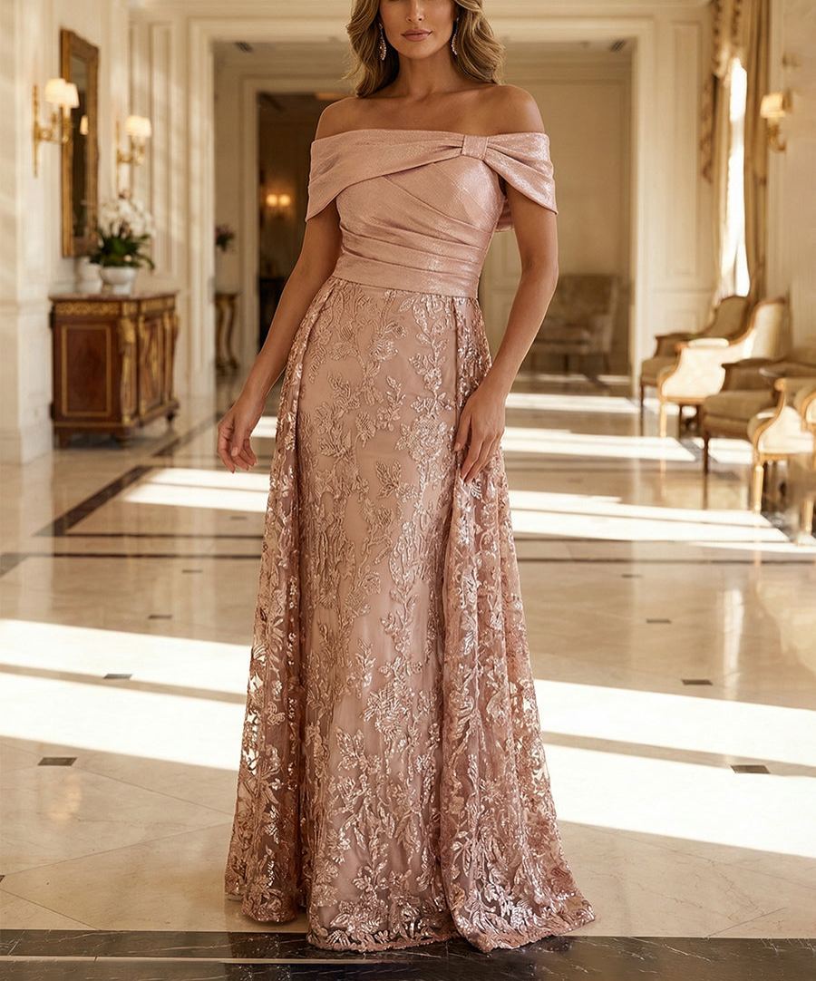 A-Line Metallic Satin Off Shoulder Bow Mother of the Bride & Groom Dresses with Floral Lace Appliques, Ruched Waist & Sweep Train