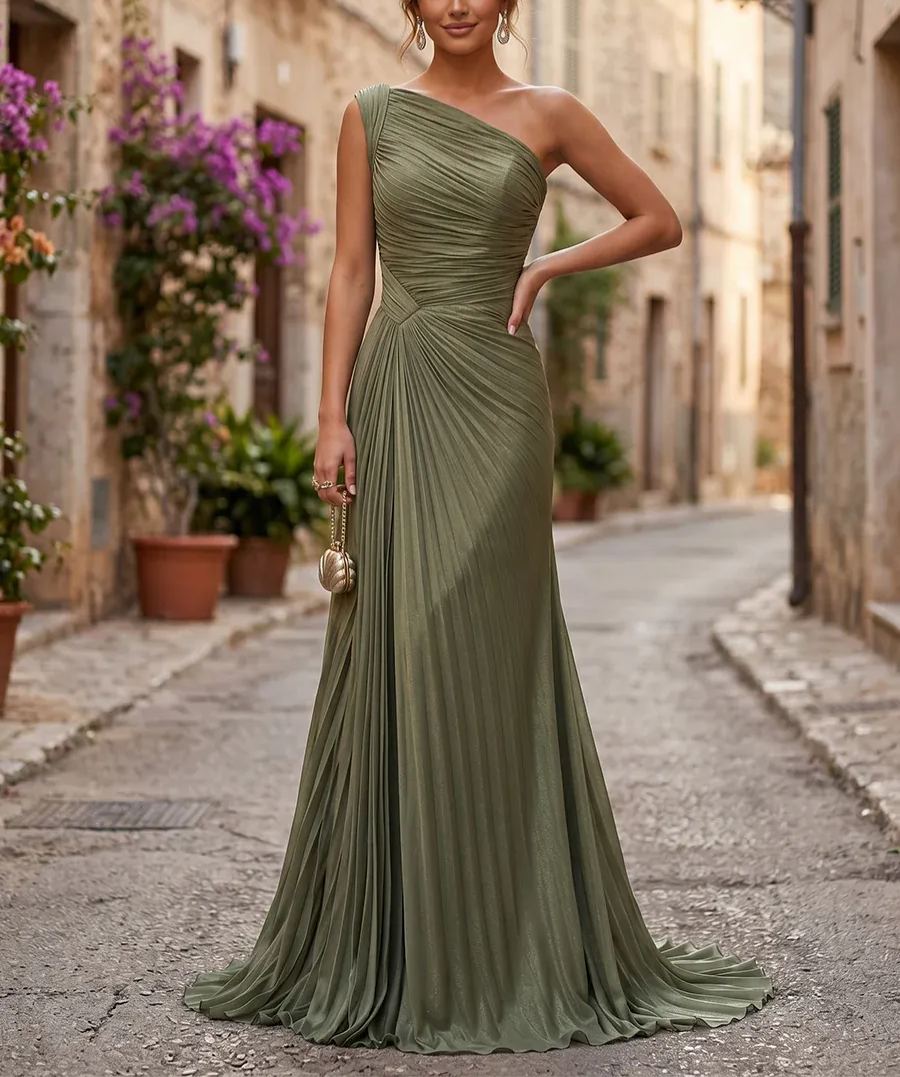 Chiffon A-Line/Princess One Shoulder Floor-Length Formal Dresses with Pleats