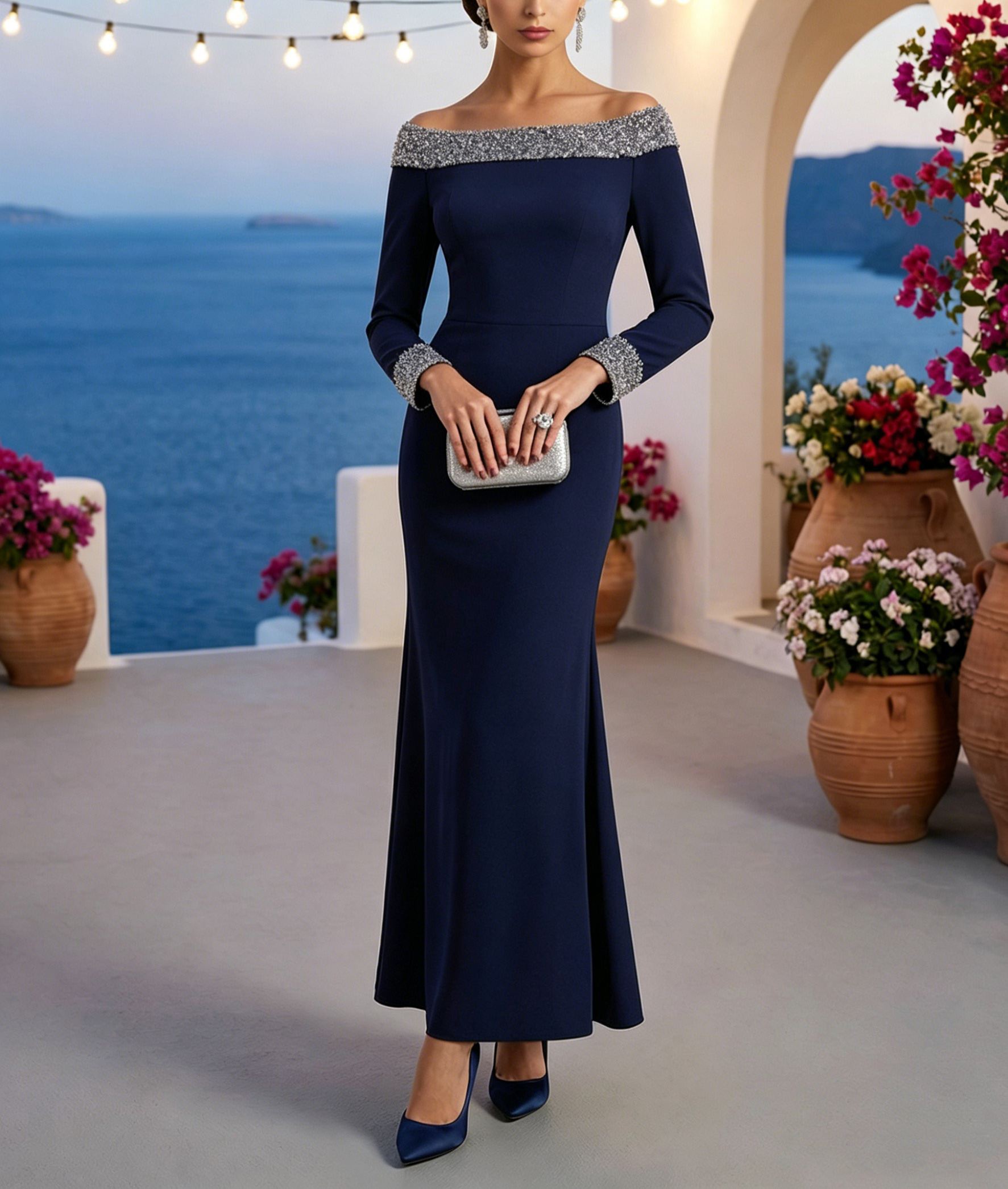 Navy Evening Formal Dress Sheath Crew Neck Maxi Dress with Sequin