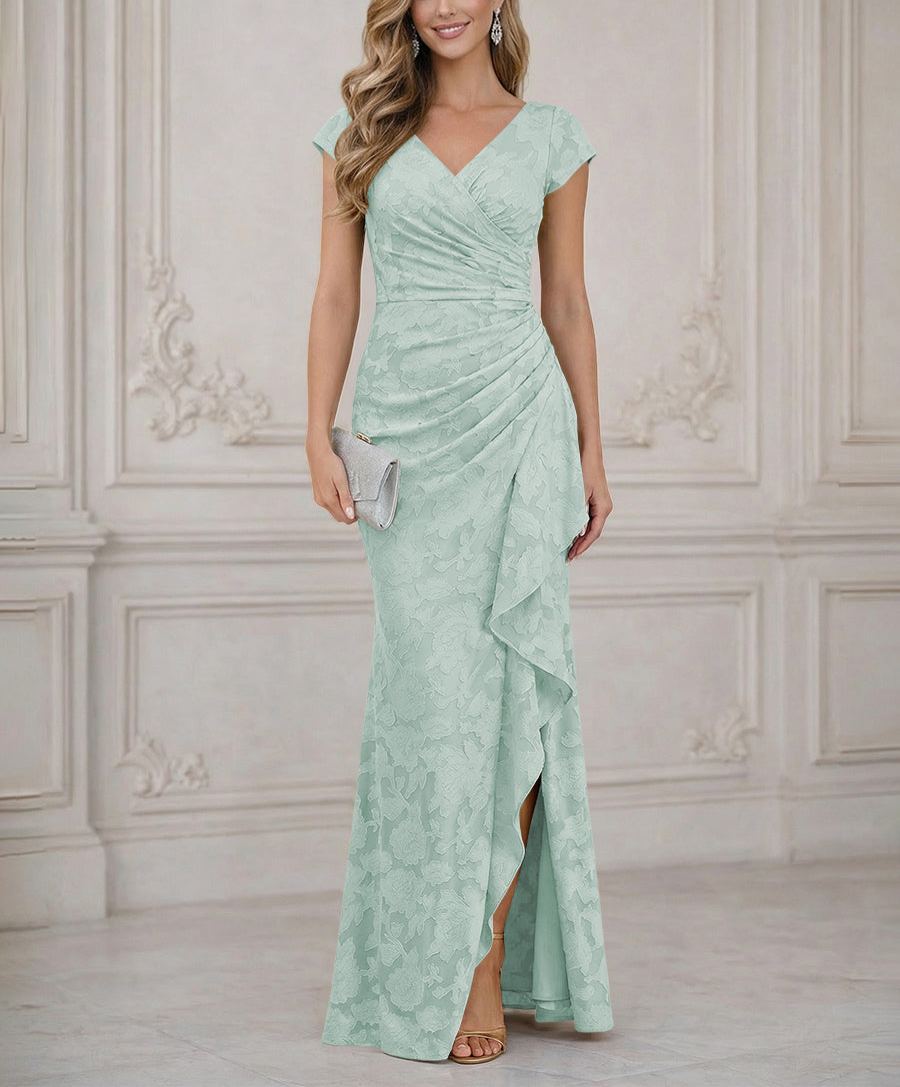 Mermaid Short Sleeve Floor Length Ruffled Mother of the Bride Dresses with Split Side