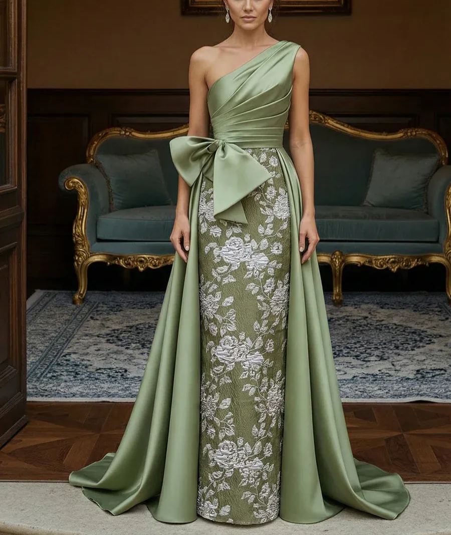 Jacquard Sheath One-Shoulder Ruched Long Evening Dresses with Bow