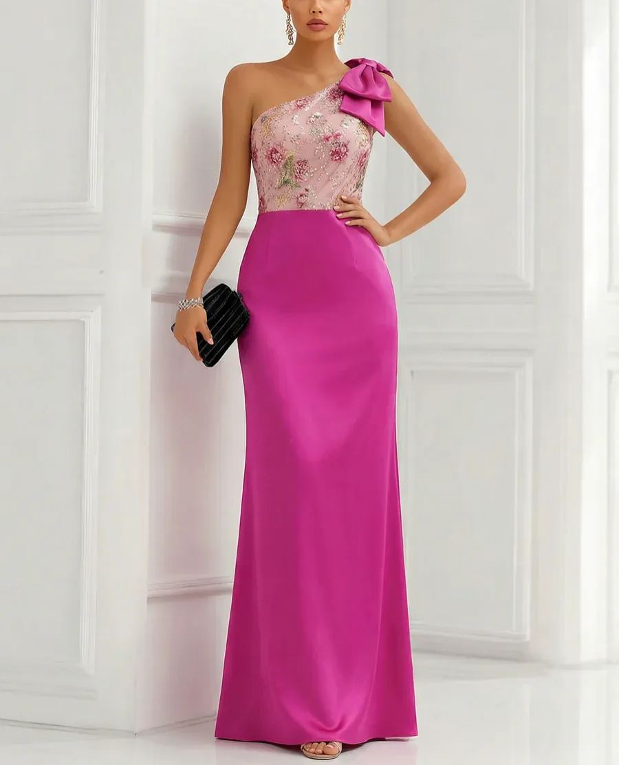 One Shoulder Sheath Floor-Length Evening Dresses with Floral Appliques