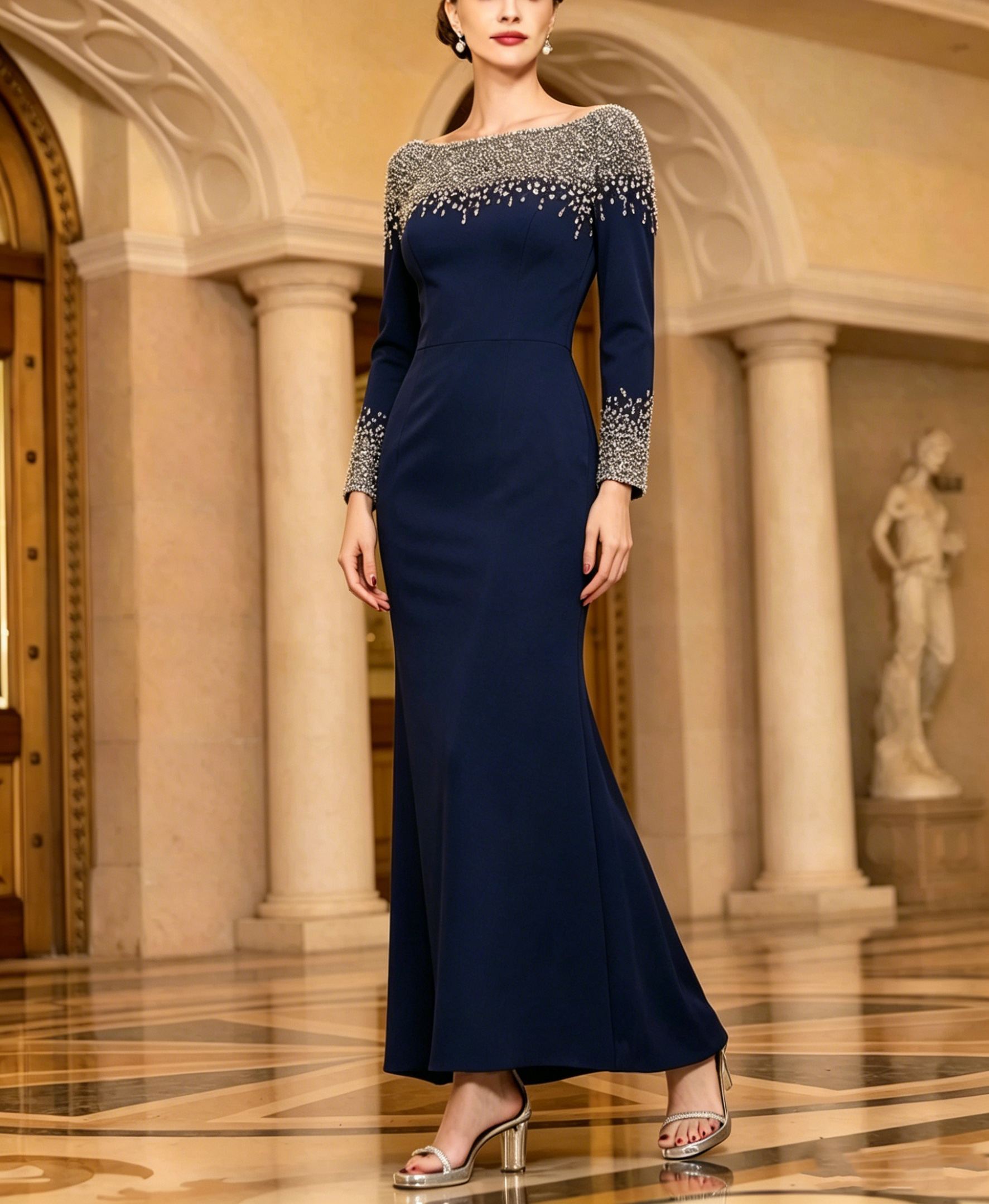 Elegant Dress Navy Boat Neck Rhinestone Maxi Dress Mother of the Bride Dress