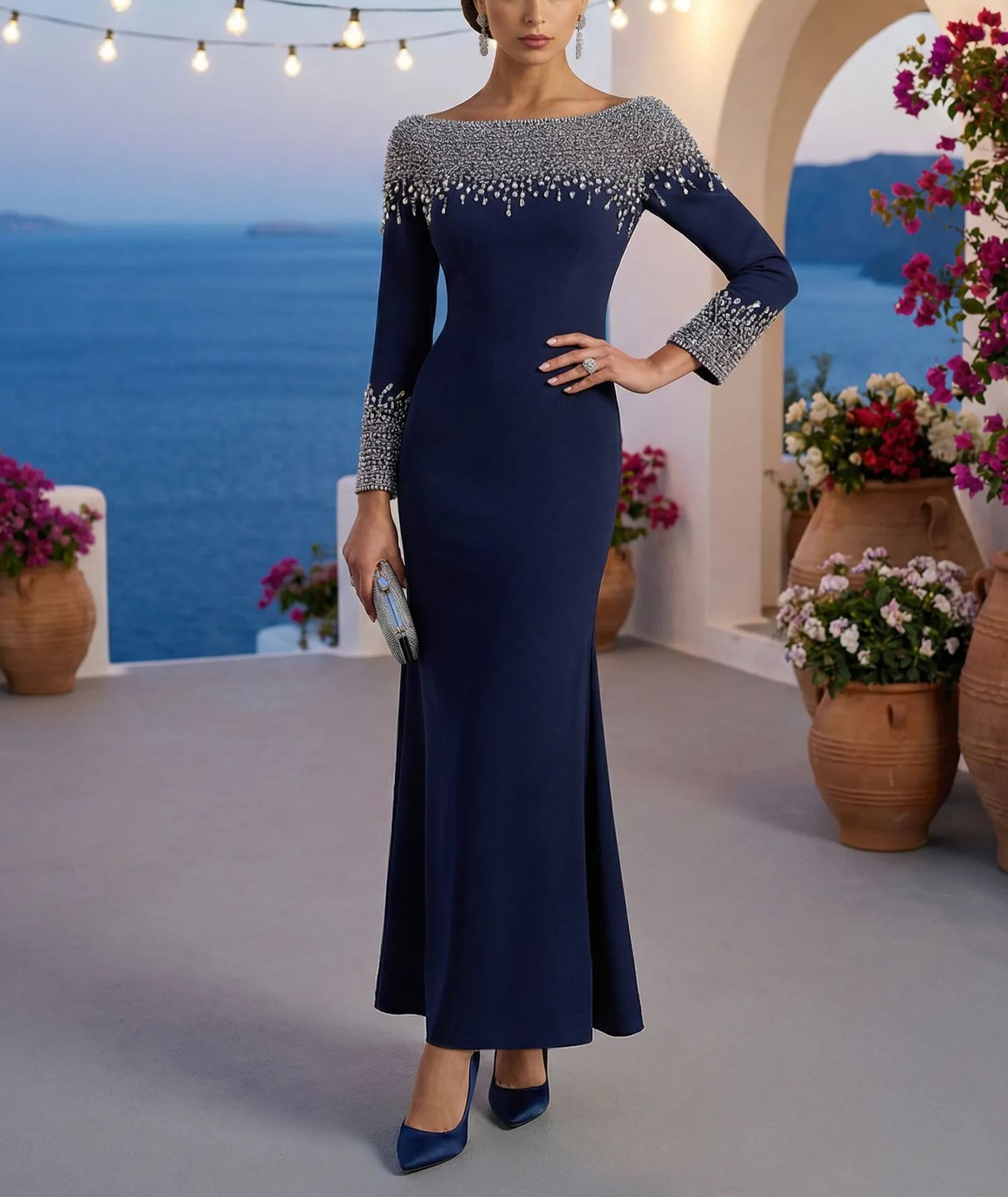 Elegant Dress Navy Boat Neck Rhinestone Maxi Dress Mother of the Bride Dress