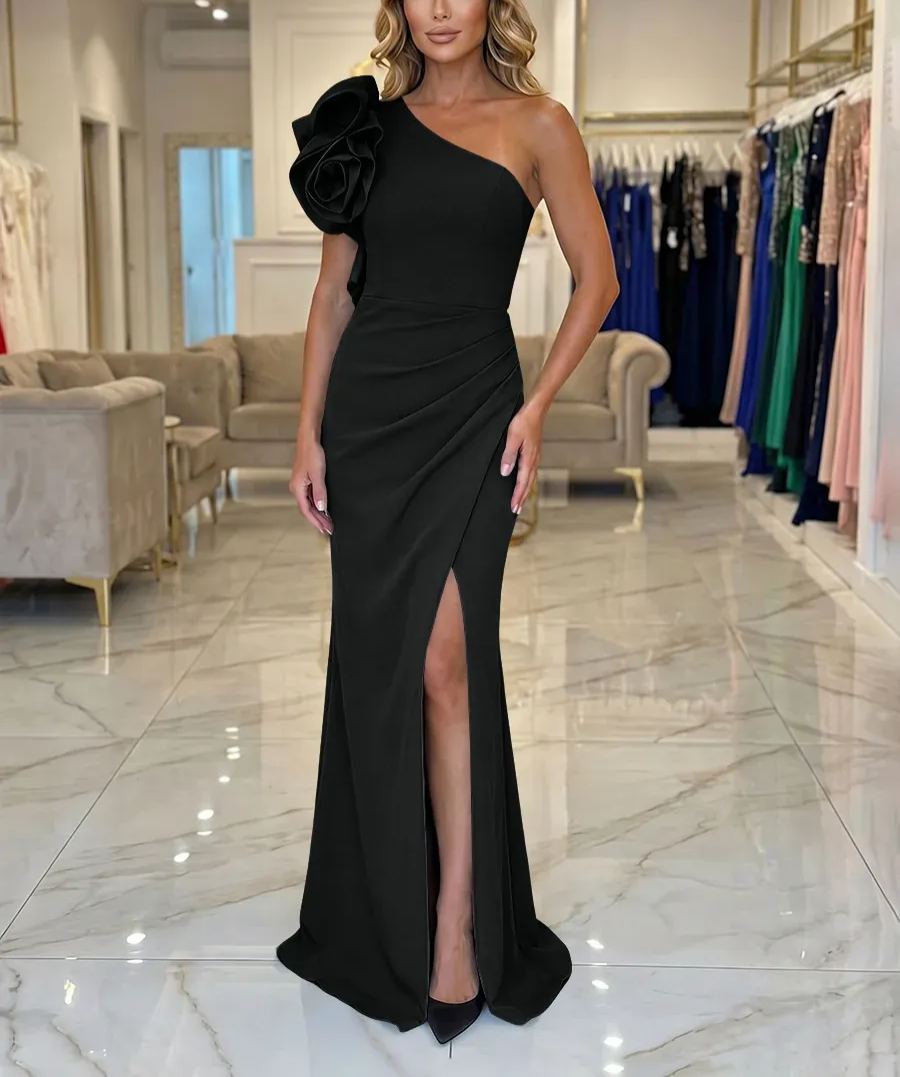 Sheath/Column Satin Floor-Length One Shoulder Bow Mother of the Bride & Groom Dresses with Slit