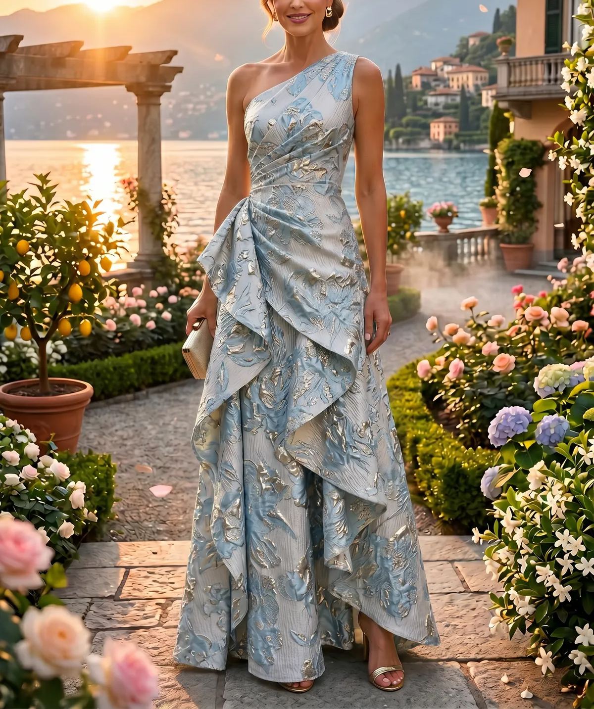 Floral Print A-Line/Princess One Shoulder Floor-Length Evening Dresses with Ruffles
