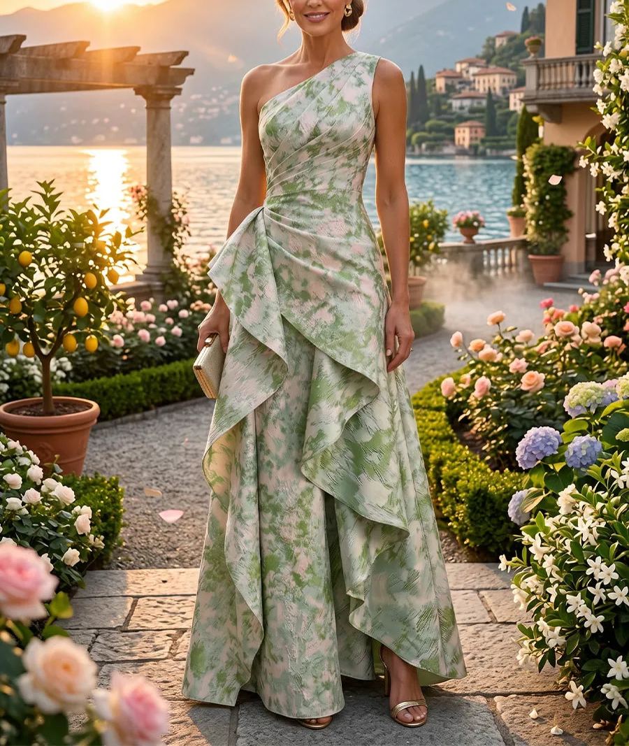 Floral Print A-Line/Princess One Shoulder Floor-Length Evening Dresses with Ruffles