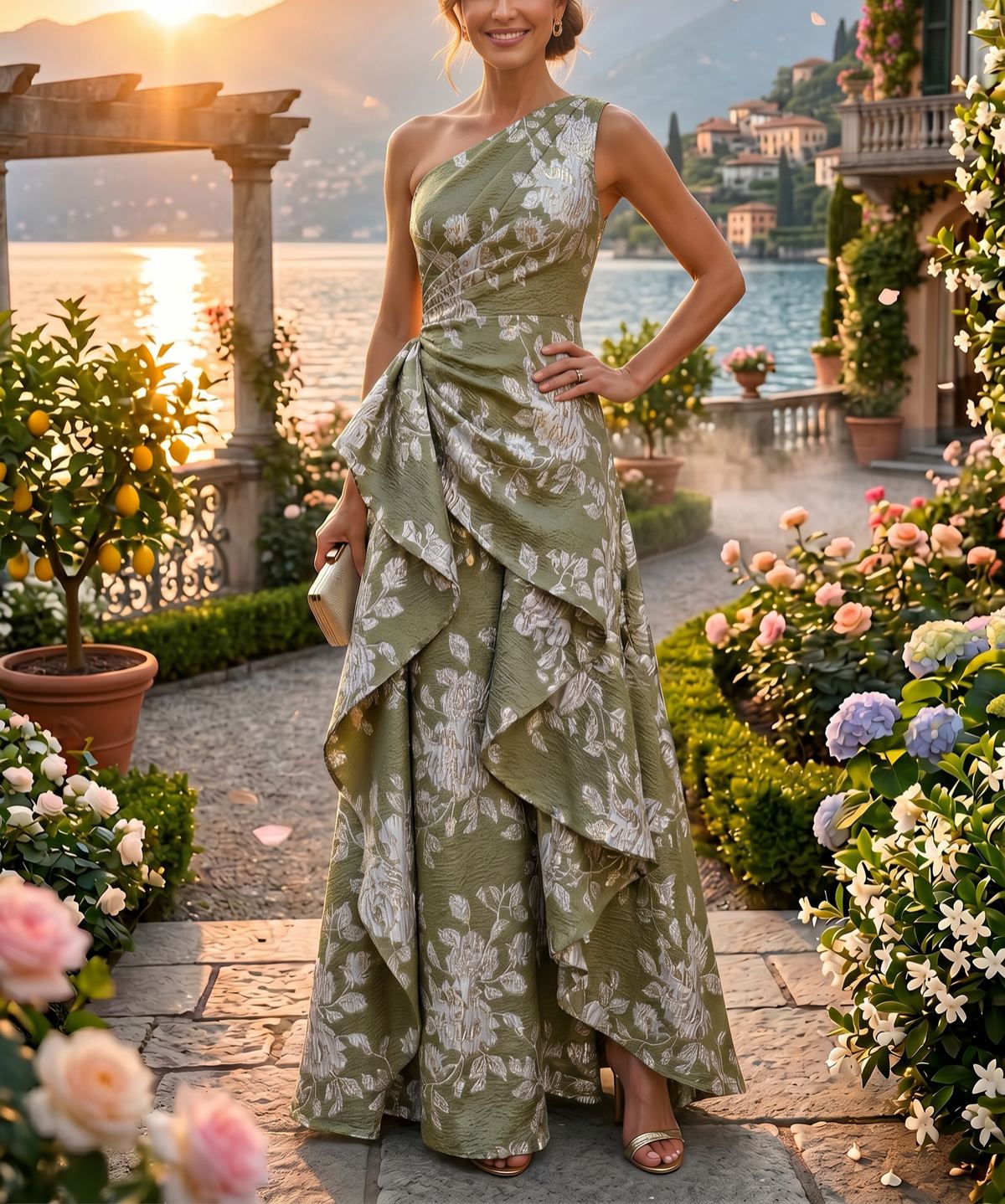 Floral Print A-Line/Princess One Shoulder Floor-Length Evening Dresses with Ruffles