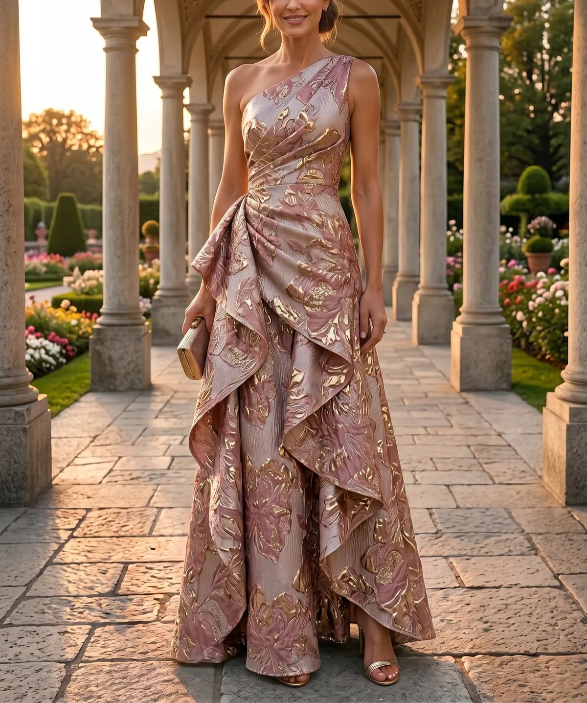 Floral Print A-Line/Princess One Shoulder Floor-Length Evening Dresses with Ruffles