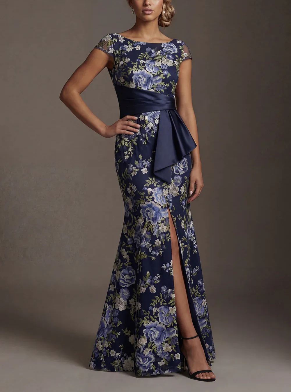 Navy Mermaid Floral Long Mother of the Bride Dress with Slit