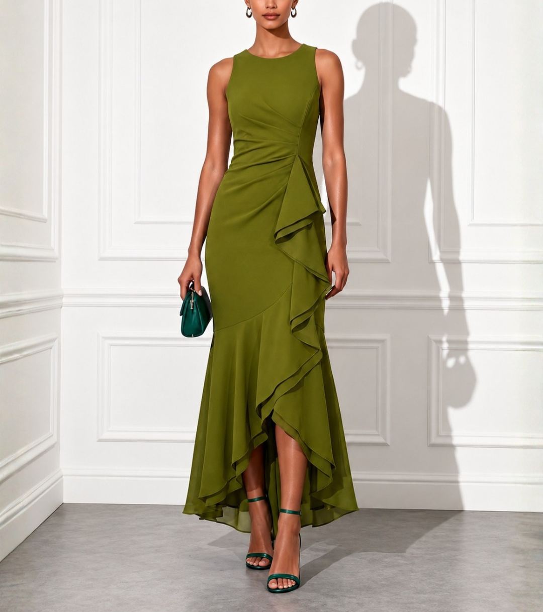 Ruffled Asymmetric Hem Bodycon Evening Gown