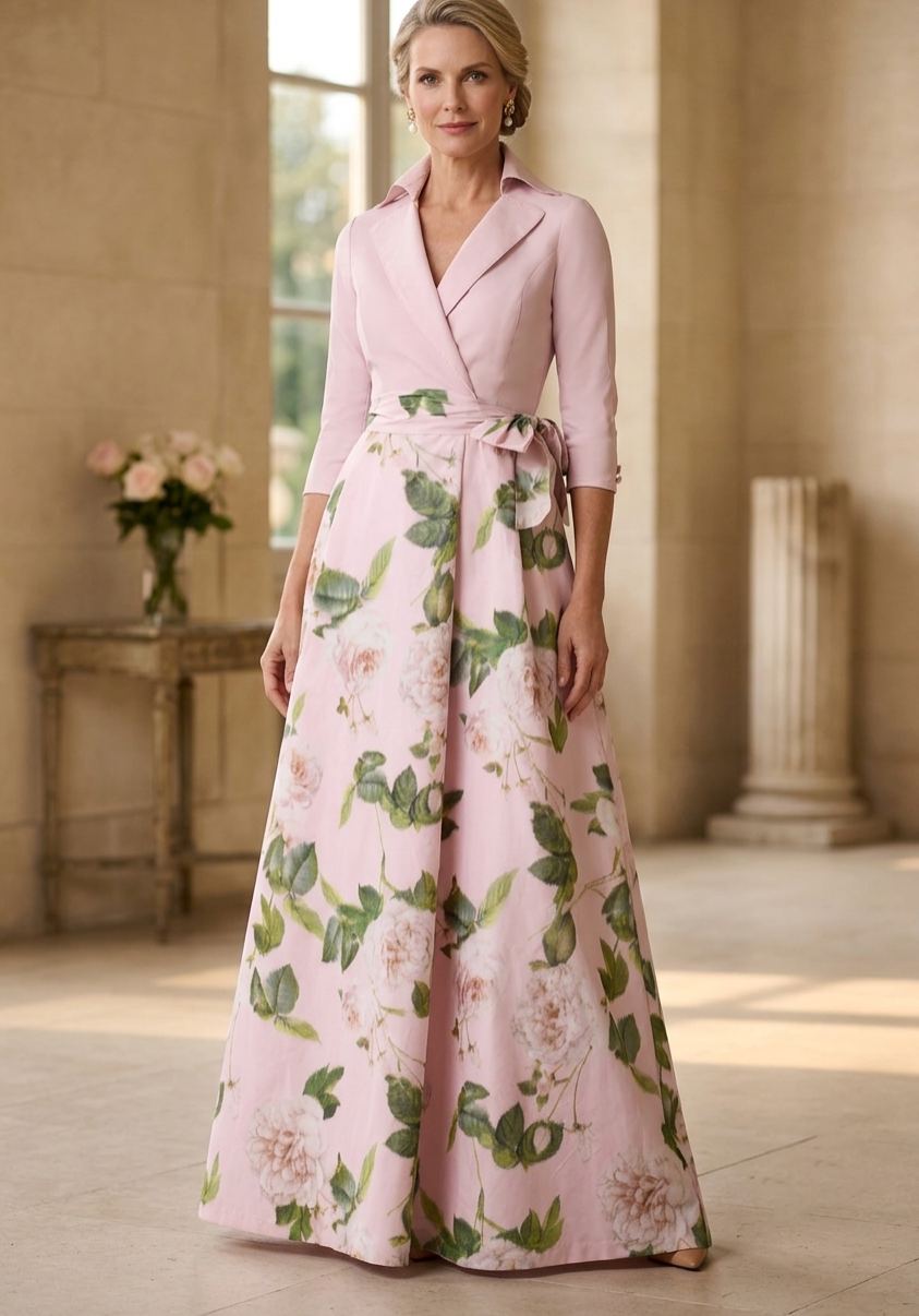 Lapel Collar Floral Print Taffeta Evening Gown