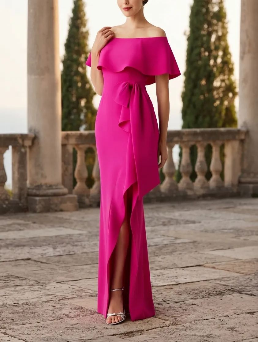 Off-The-Shoulder Ruffled Fuchia Column Evening Gown