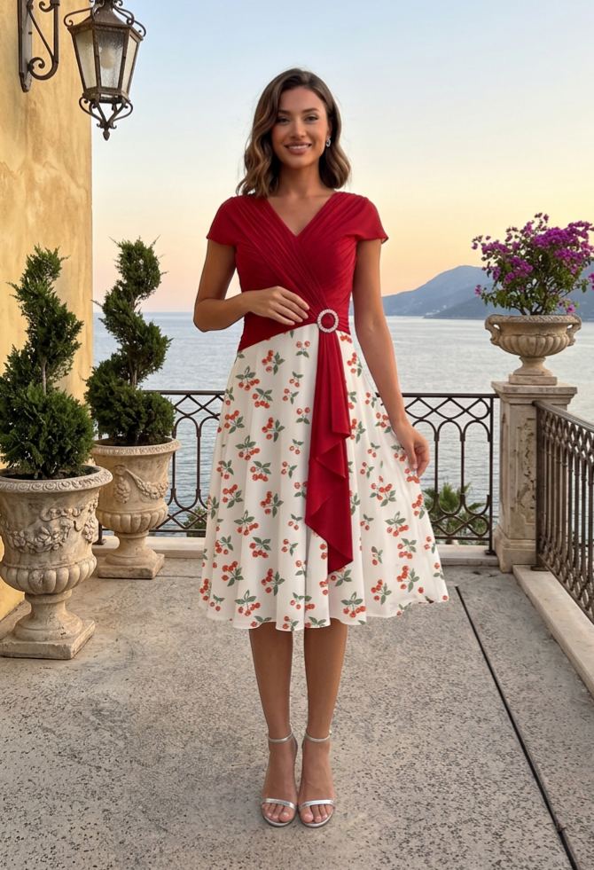 Cherry Print V-Neck Midi Evening Dress