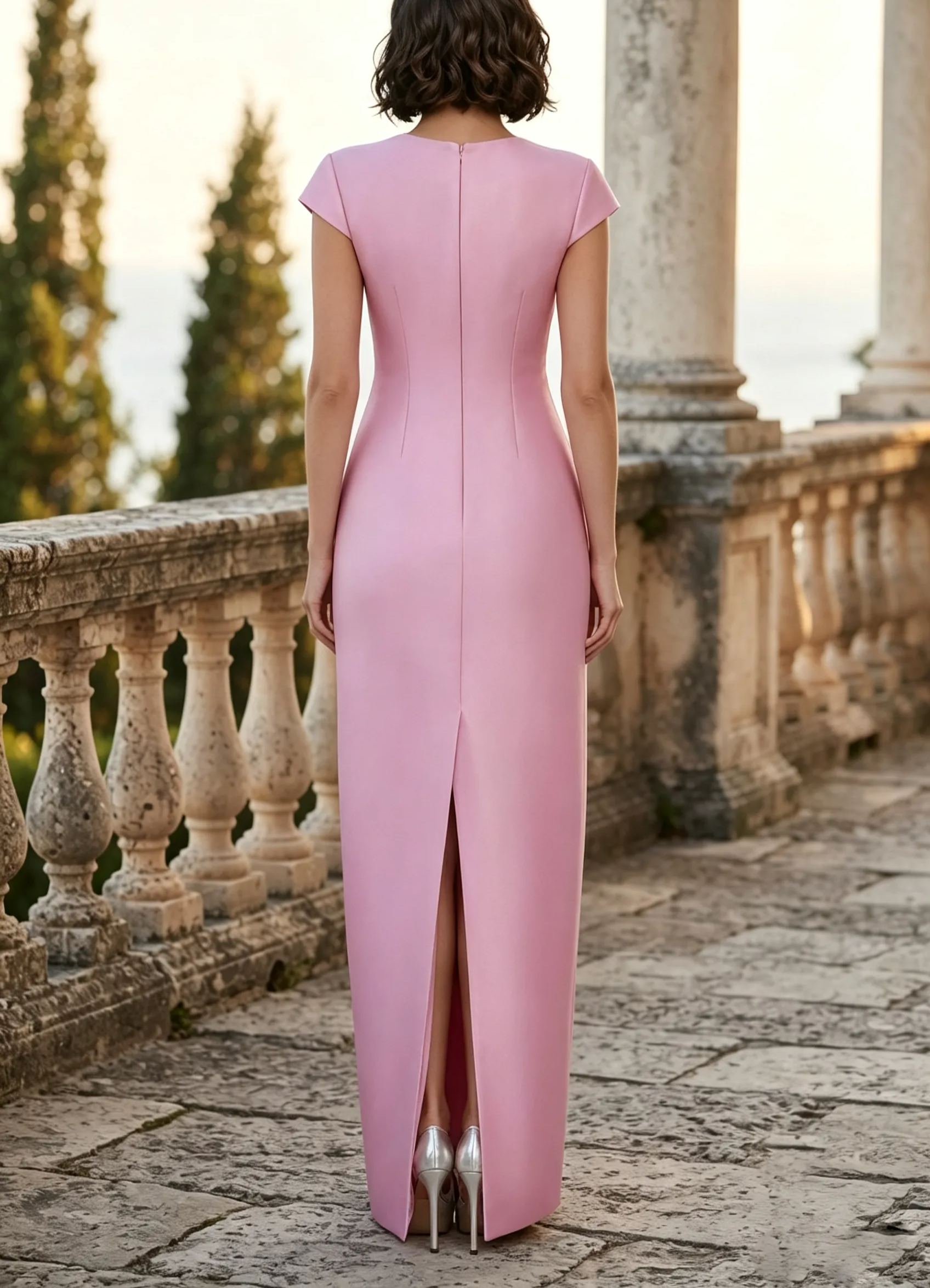 V-Neck Pleated Wrap Column Evening Gown