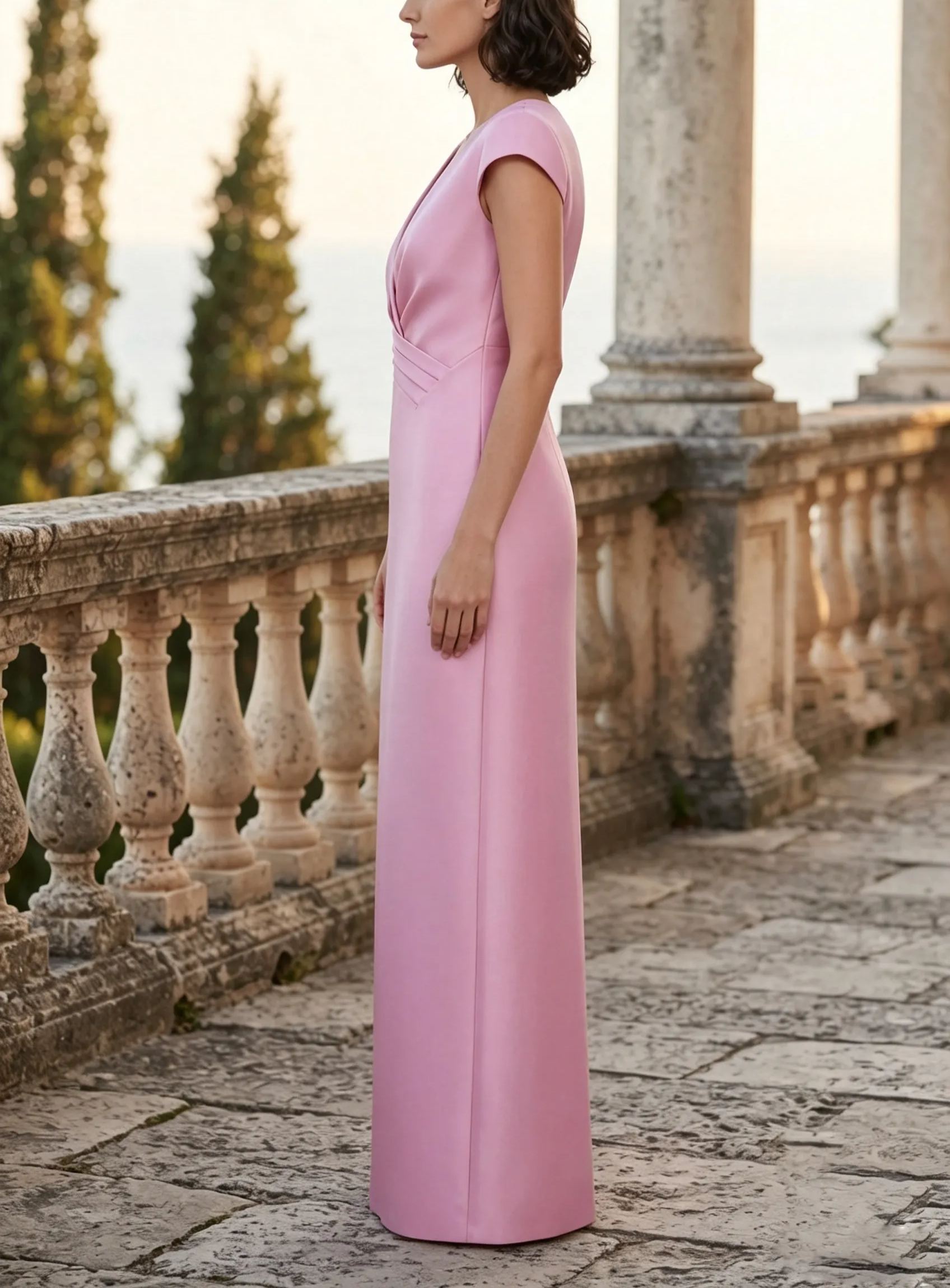 V-Neck Pleated Wrap Column Evening Gown