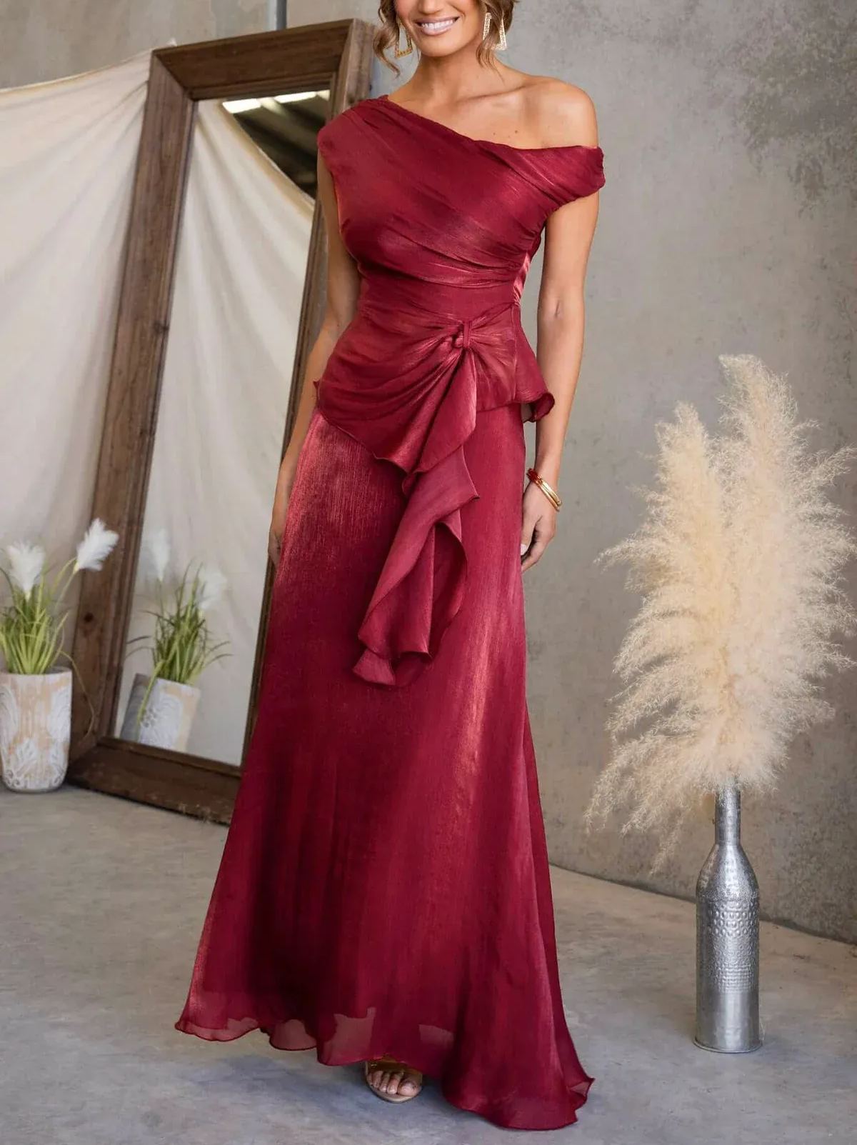 Sophisticated Shimmering One-Shoulder Draped Midi Gown