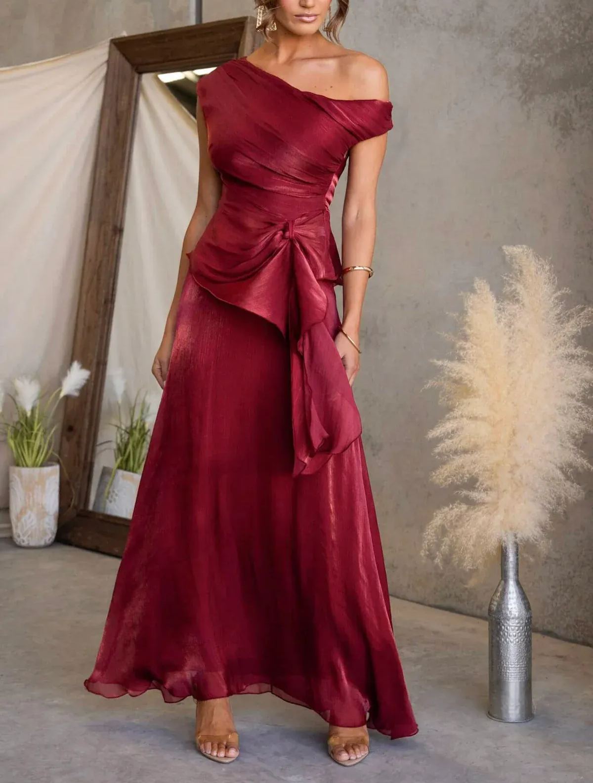 Sophisticated Shimmering One-Shoulder Draped Midi Gown