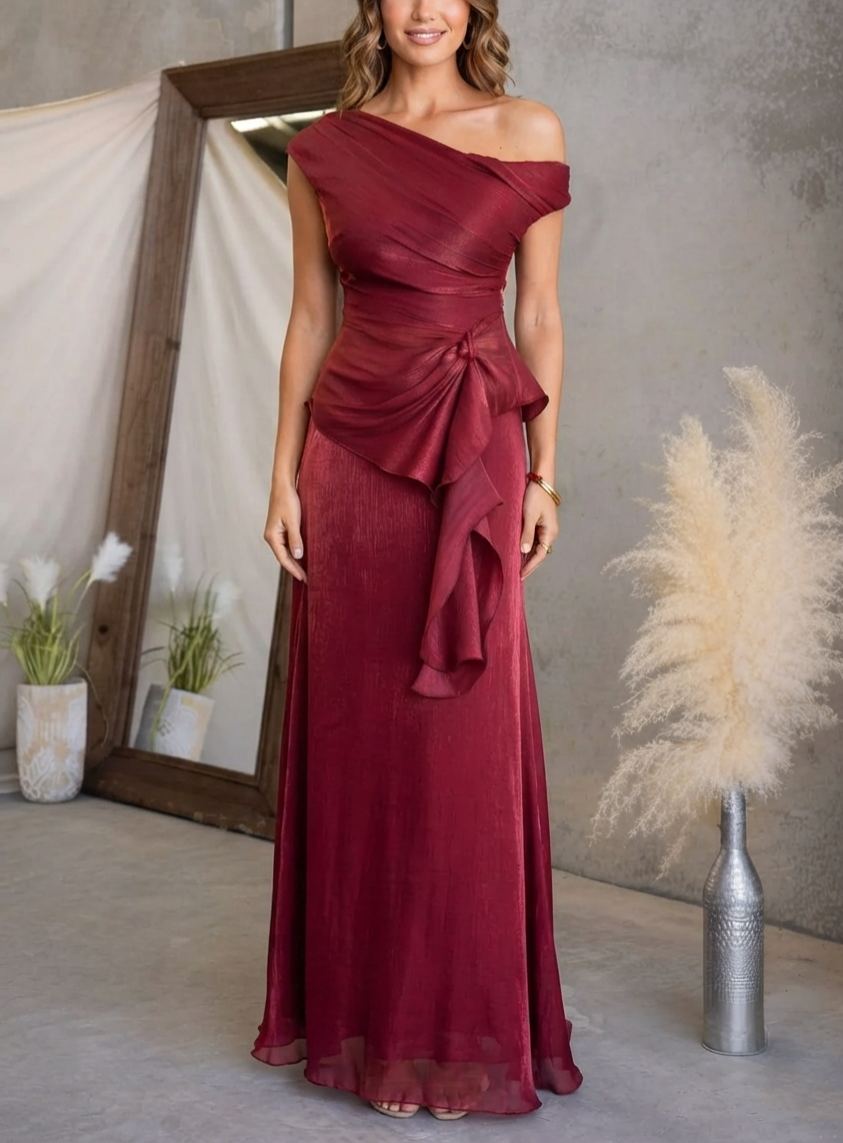 Sophisticated Shimmering One-Shoulder Draped Midi Gown