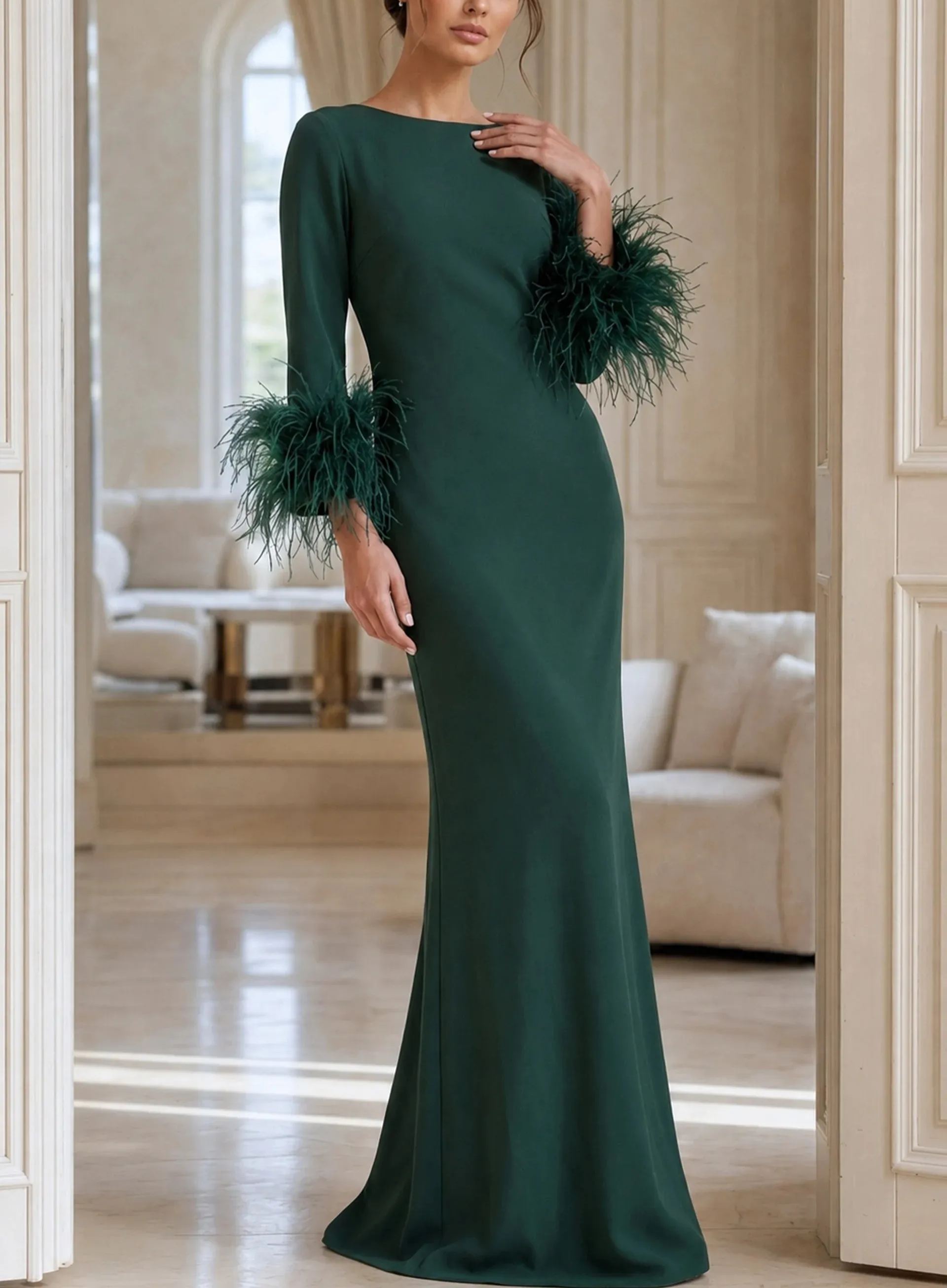 Elegant Round Neck Long Sleeve Maxi Dress With Feather Cuffs