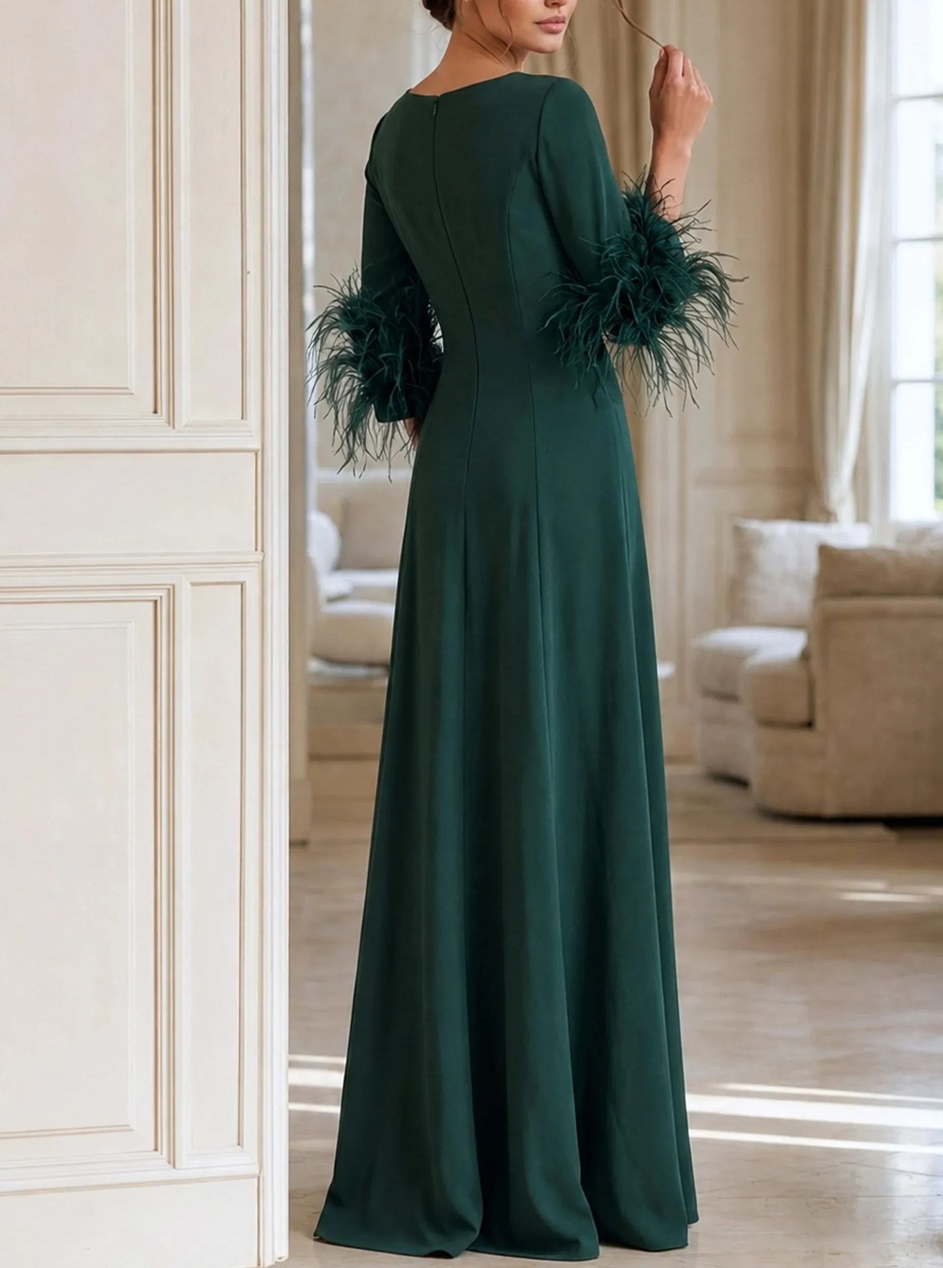 Elegant Round Neck Long Sleeve Maxi Dress With Feather Cuffs