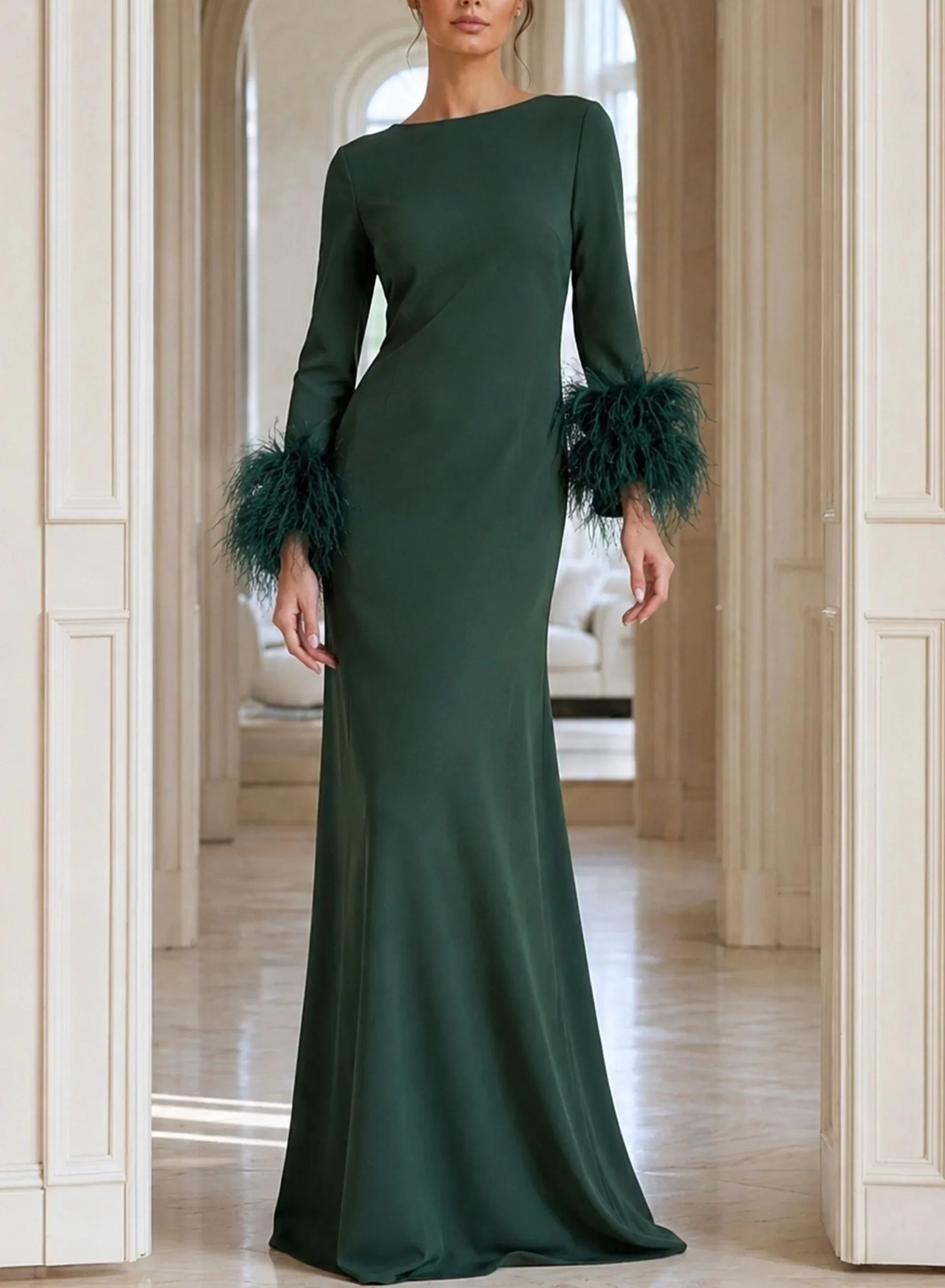 Elegant Round Neck Long Sleeve Maxi Dress With Feather Cuffs