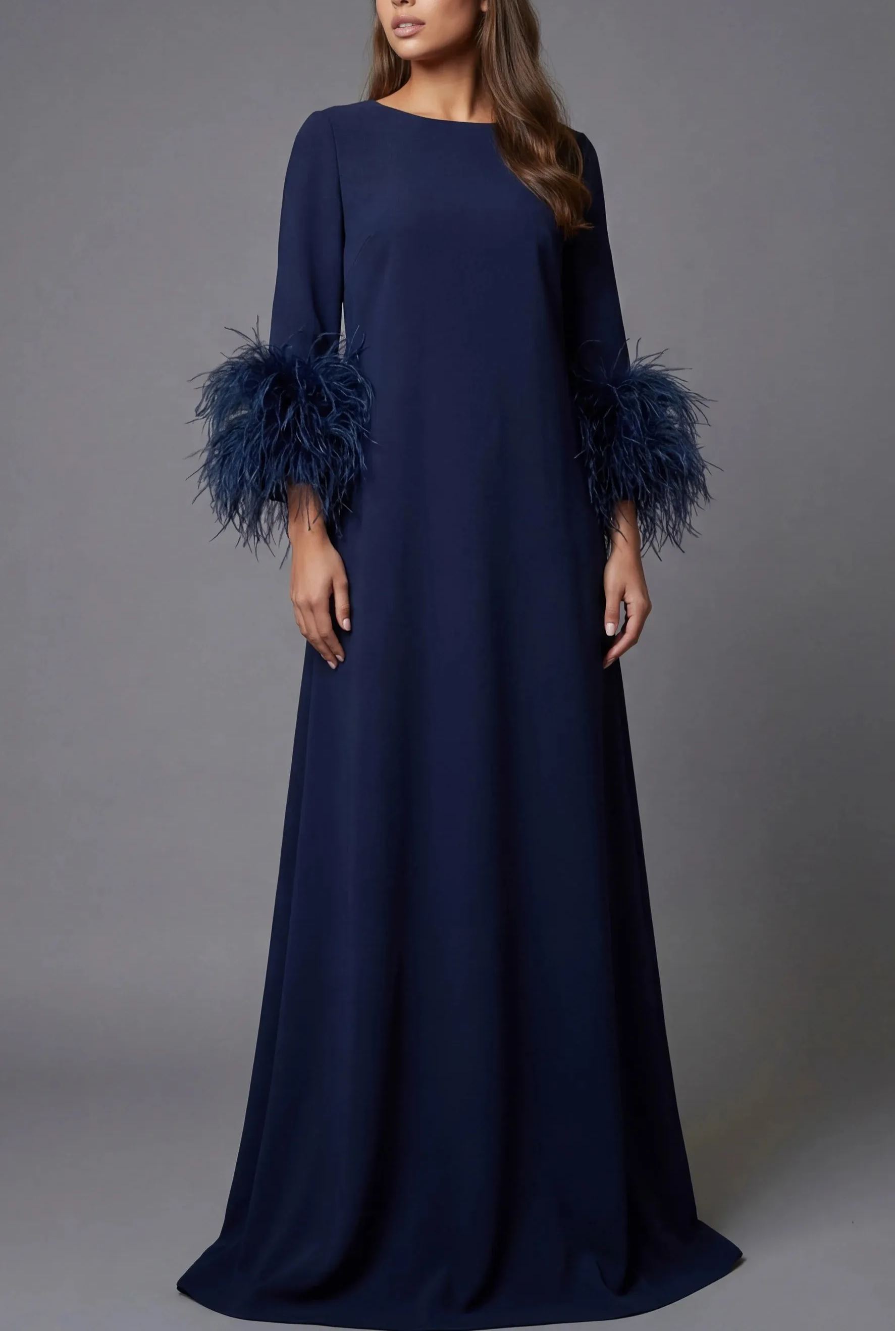 Elegant Round Neck Long Sleeve Maxi Dress With Feather Cuffs