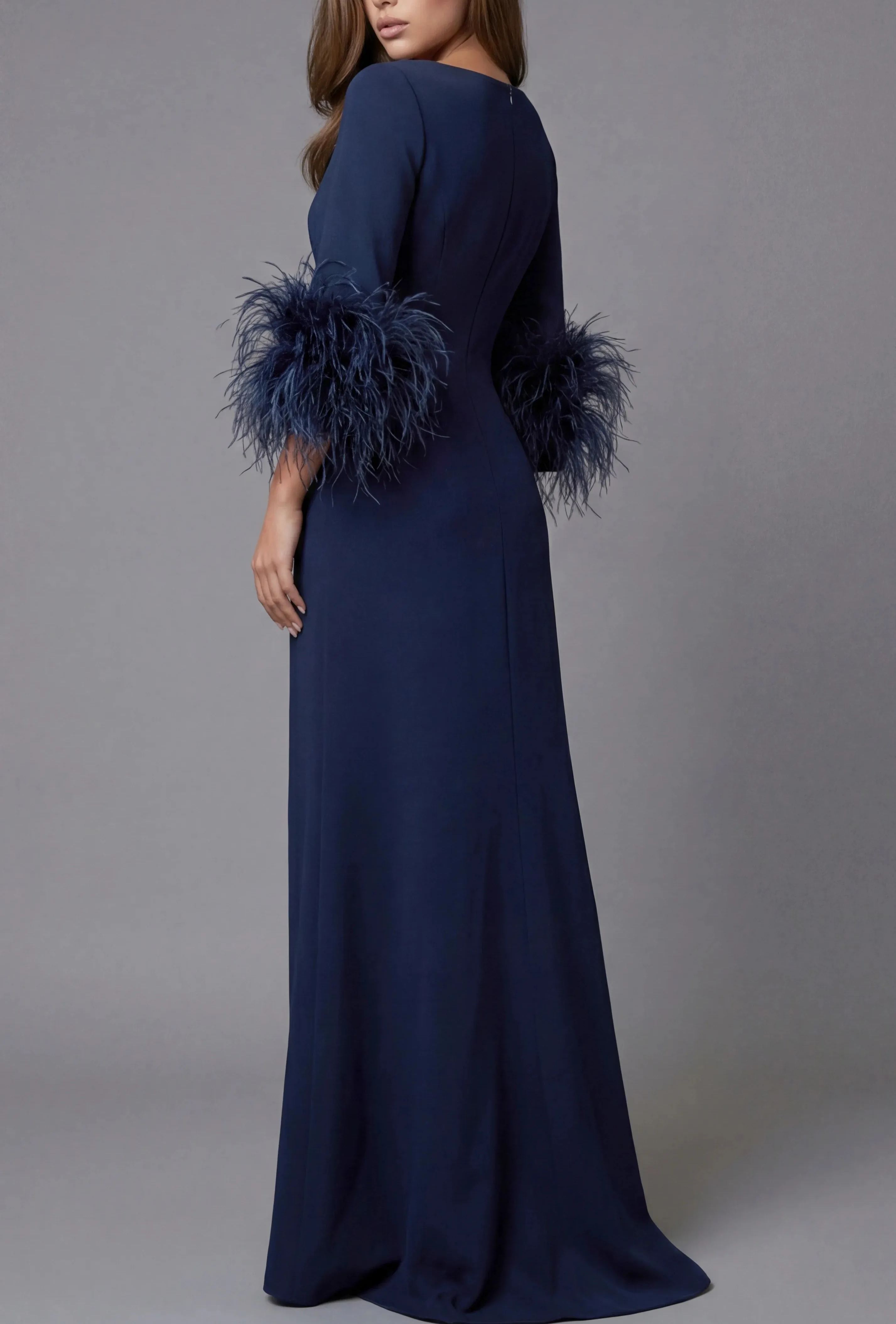 Elegant Round Neck Long Sleeve Maxi Dress With Feather Cuffs
