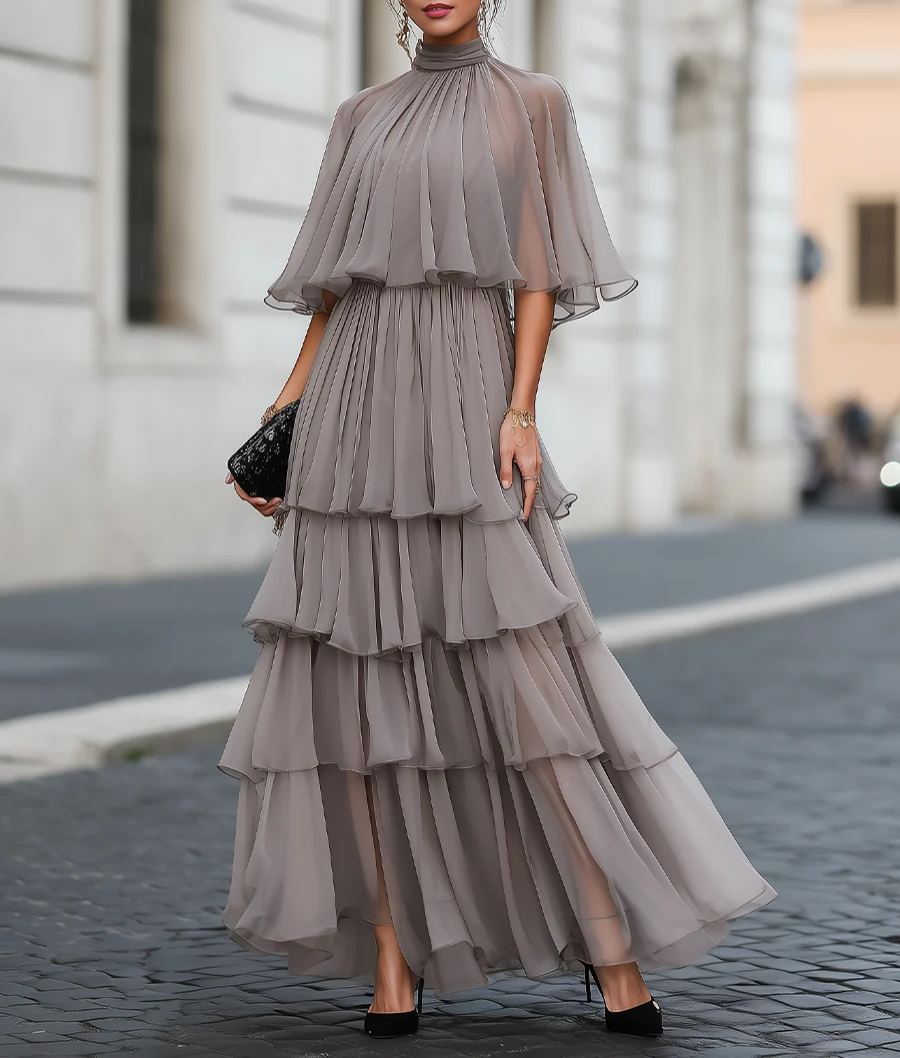 Mock Neck Layered Capelet Ruffled Tiered Chiffon Maxi Dress