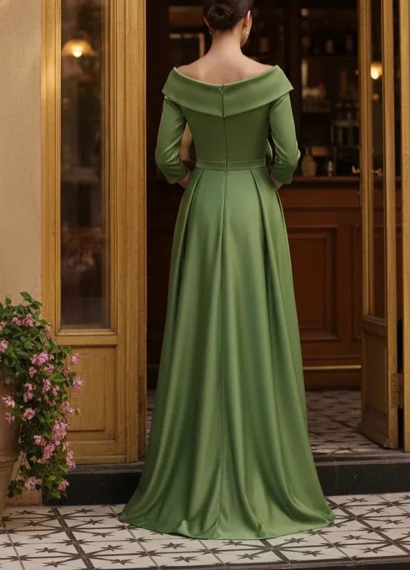 Off-Shoulder Three-Quarter Sleeve Satin Evening Gown