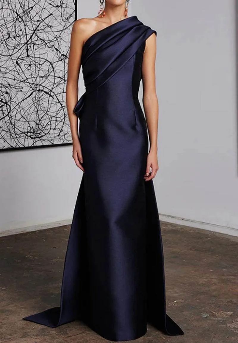 One Shoulder Draped Satin Floor Length Evening Dress