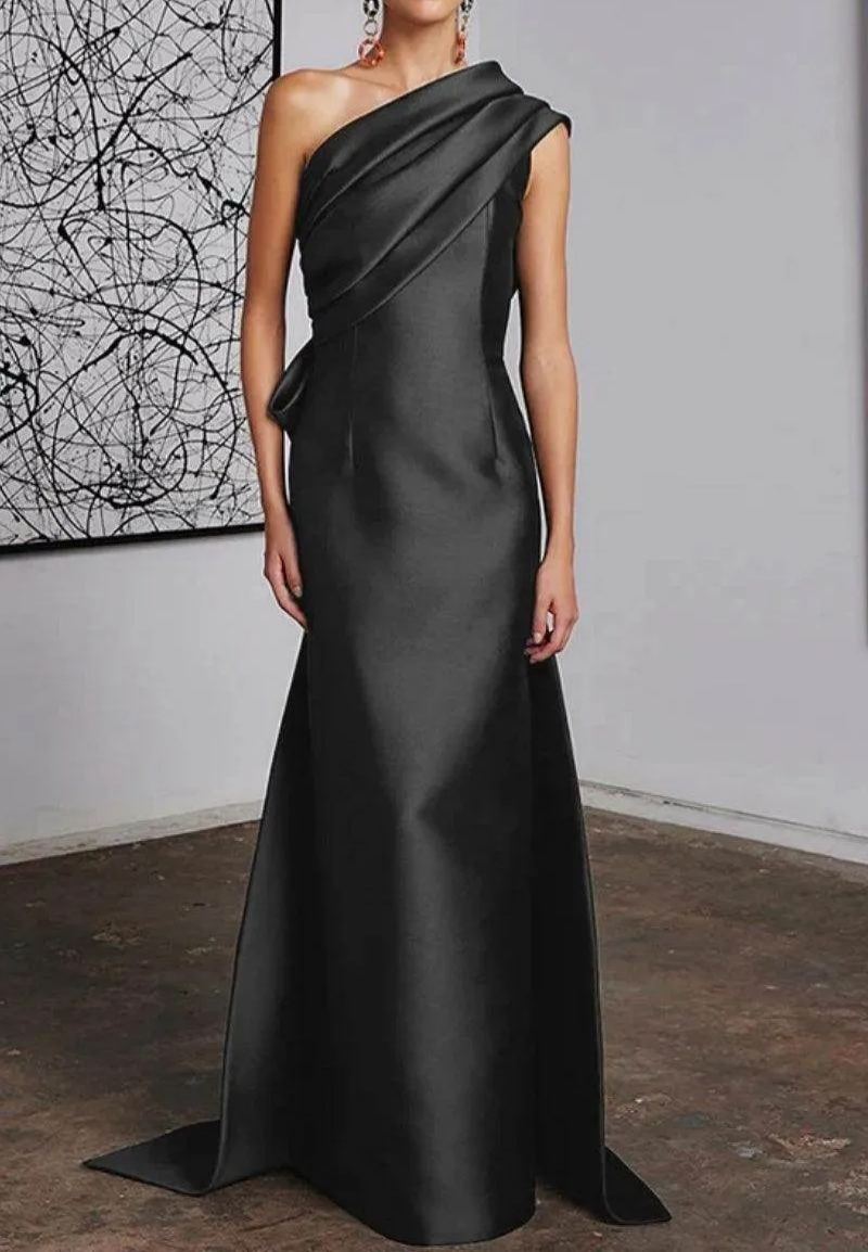 One Shoulder Draped Satin Floor Length Evening Dress