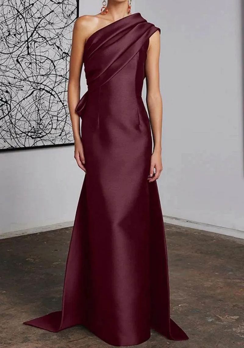 One Shoulder Draped Satin Floor Length Evening Dress
