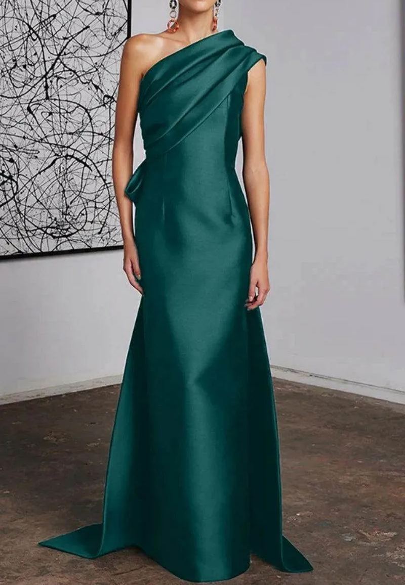 One Shoulder Draped Satin Floor Length Evening Dress