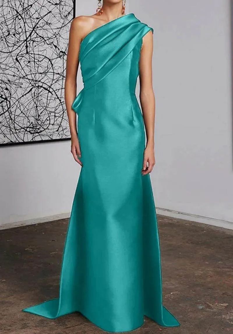 One Shoulder Draped Satin Floor Length Evening Dress