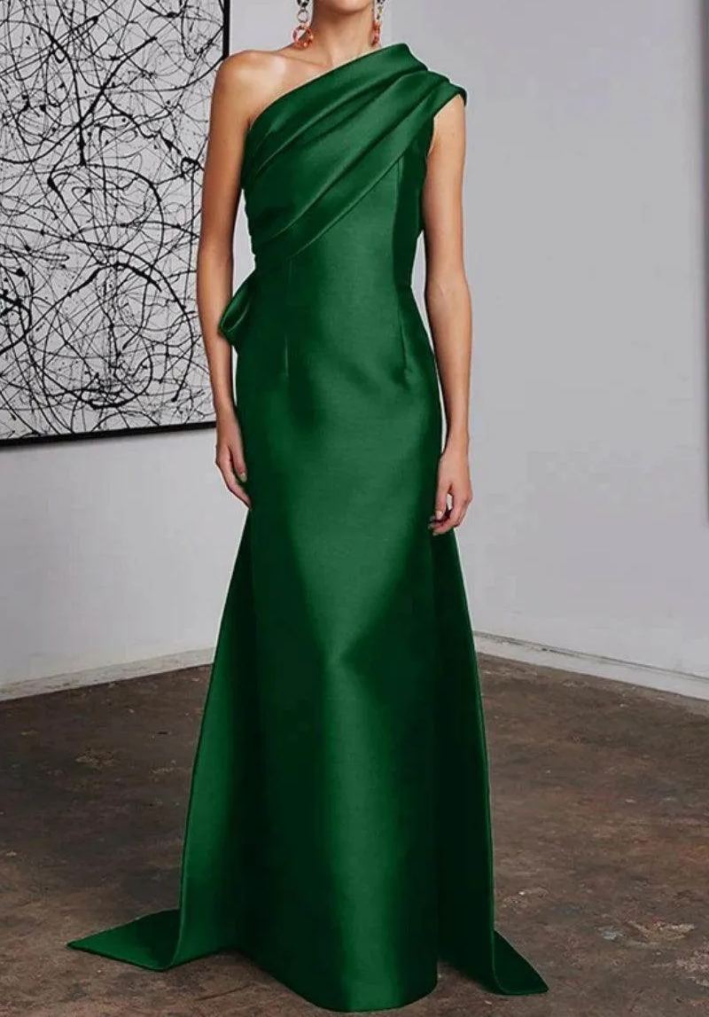 One Shoulder Draped Satin Floor Length Evening Dress