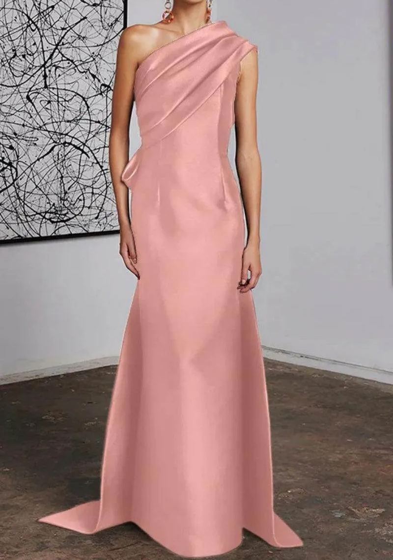 One Shoulder Draped Satin Floor Length Evening Dress