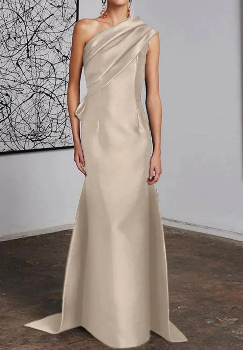 One Shoulder Draped Satin Floor Length Evening Dress